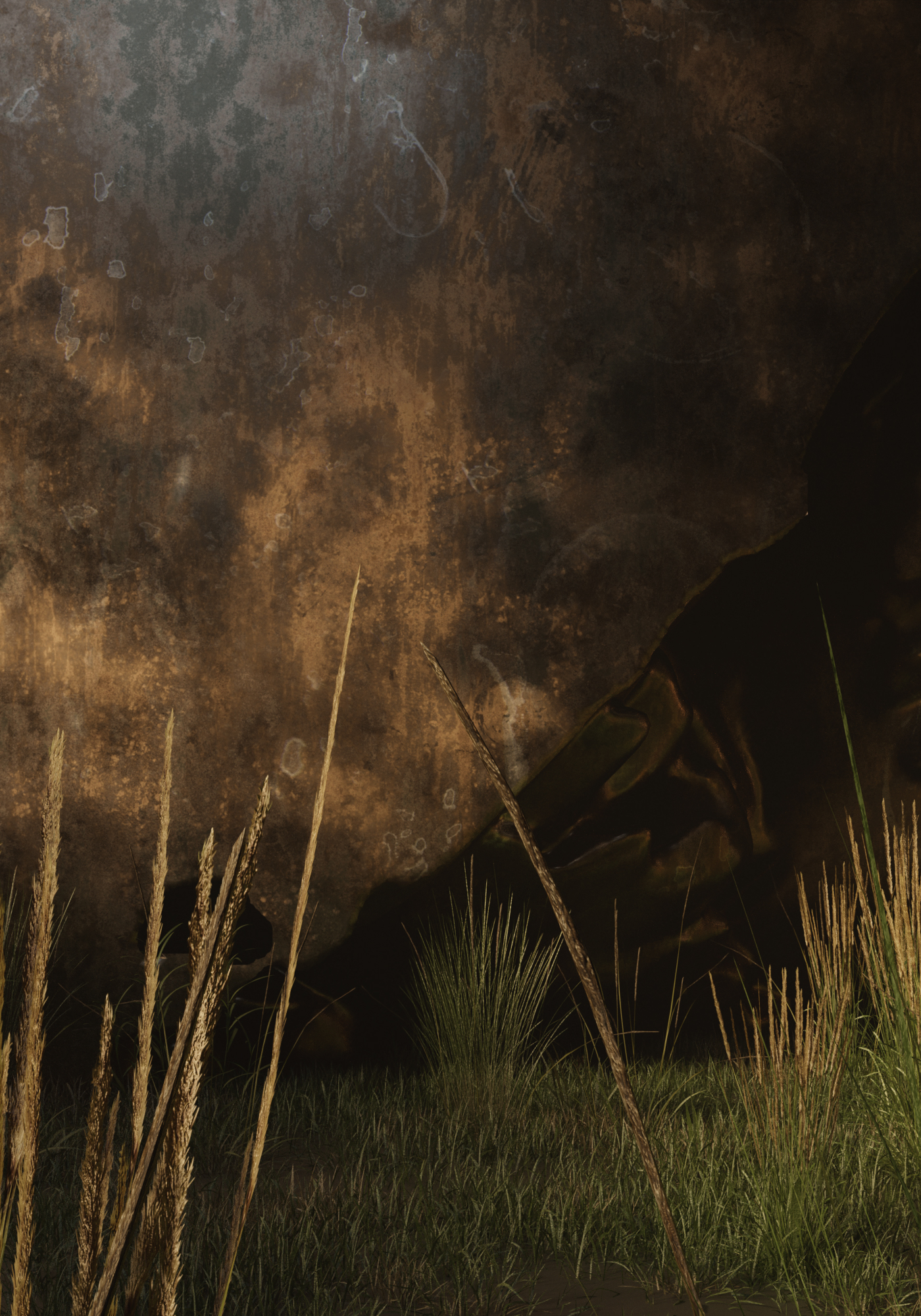 Grass and patinated bronze — close up