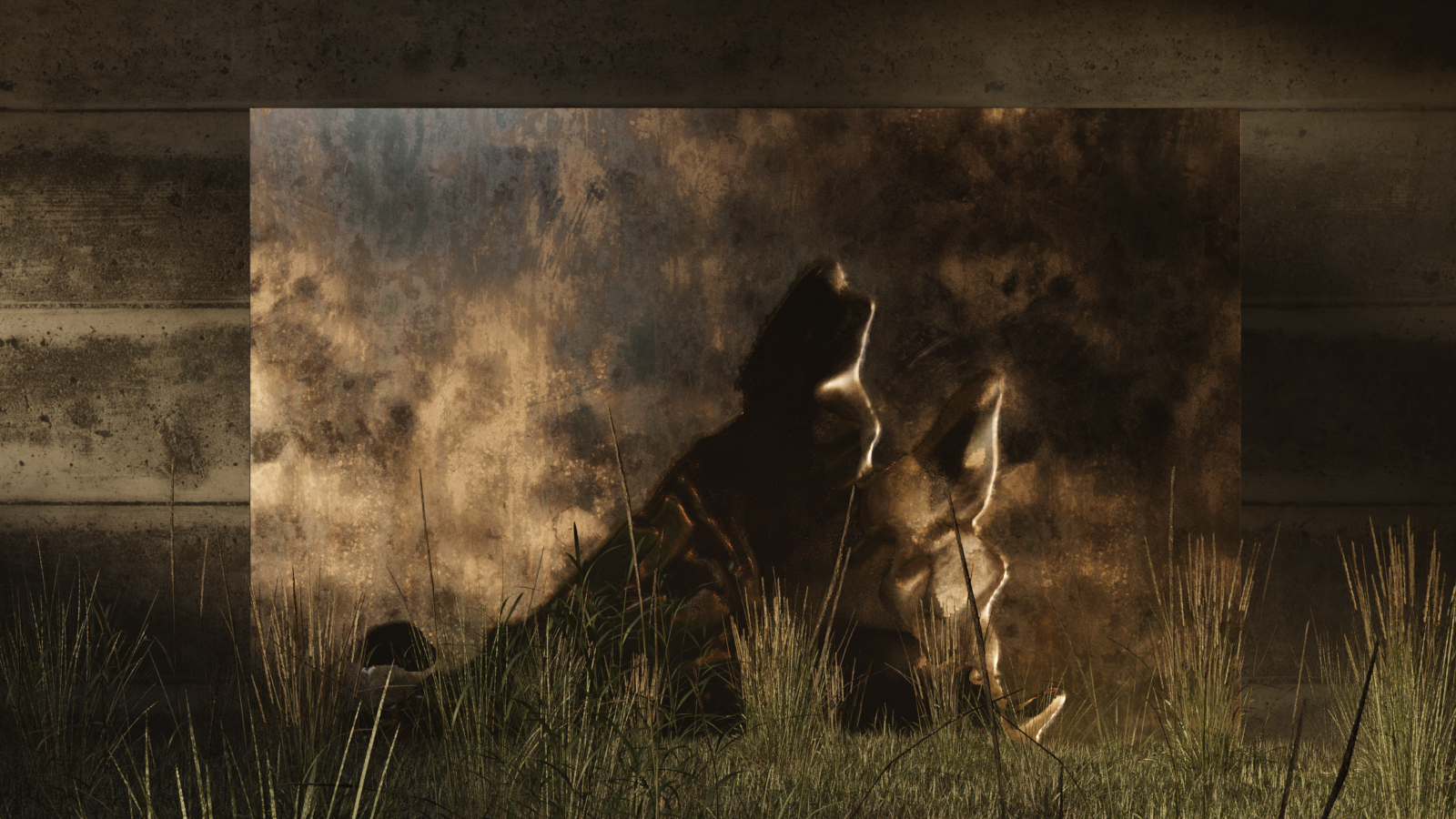 Bronze form in landscape — grass and weathered concrete